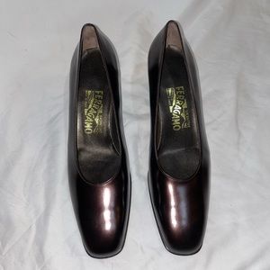 Salvatore Ferragamo Burgundy Patent and Metal Block Heel